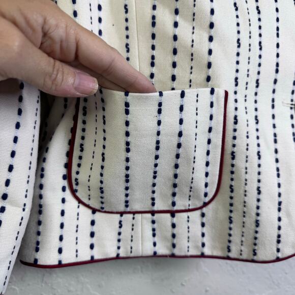 TALBOTS Blazer 16 Piped Textured Jacket Cream W/Black Dash Line Pattern 3 Button - Picture 10 of 15